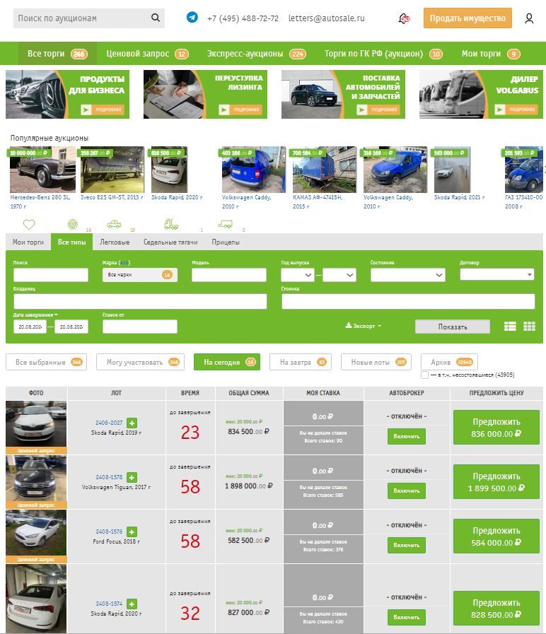 Autosale.ru - скриншот страницы управления торгами